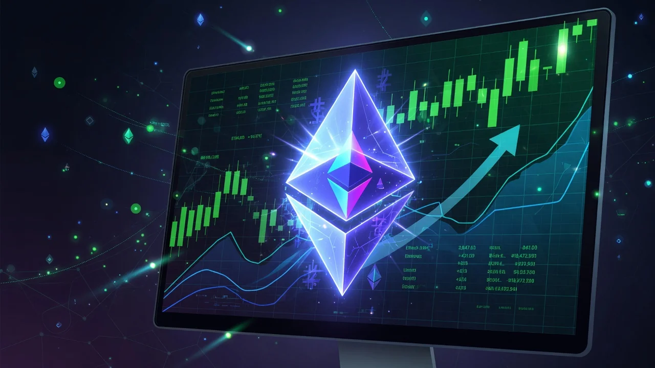 Ethereum logo op scherm met koersgrafiek