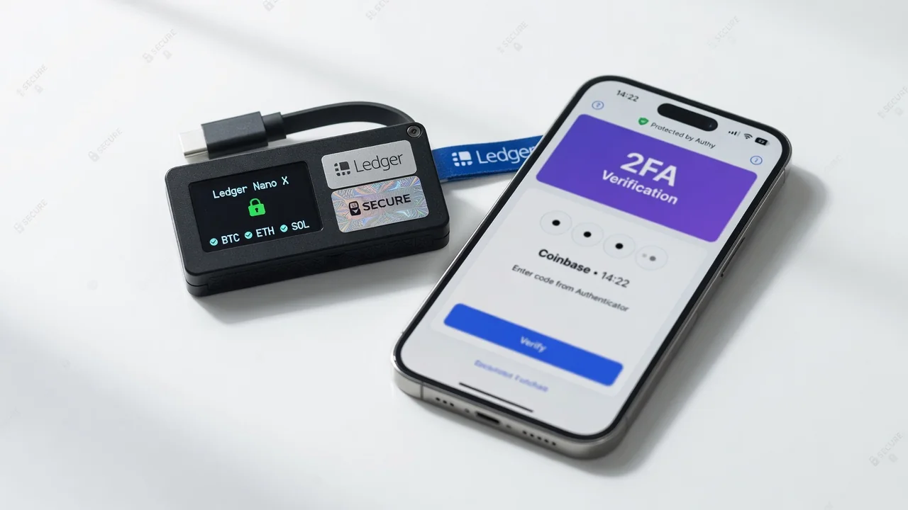 Hardware wallet naast smartphone met authenticator