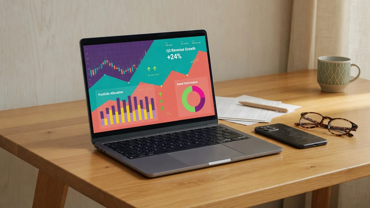 Modern laptop met financiële grafieken op houten bureau