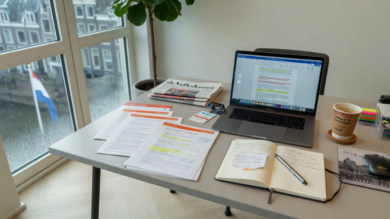 Redactionele werkplek met laptop en documenten over kansspelregulering