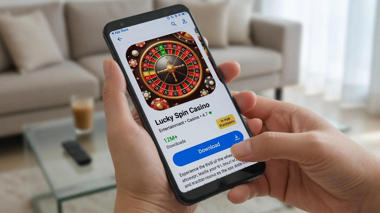 Handen die een telefoon met een app store scherm vasthouden